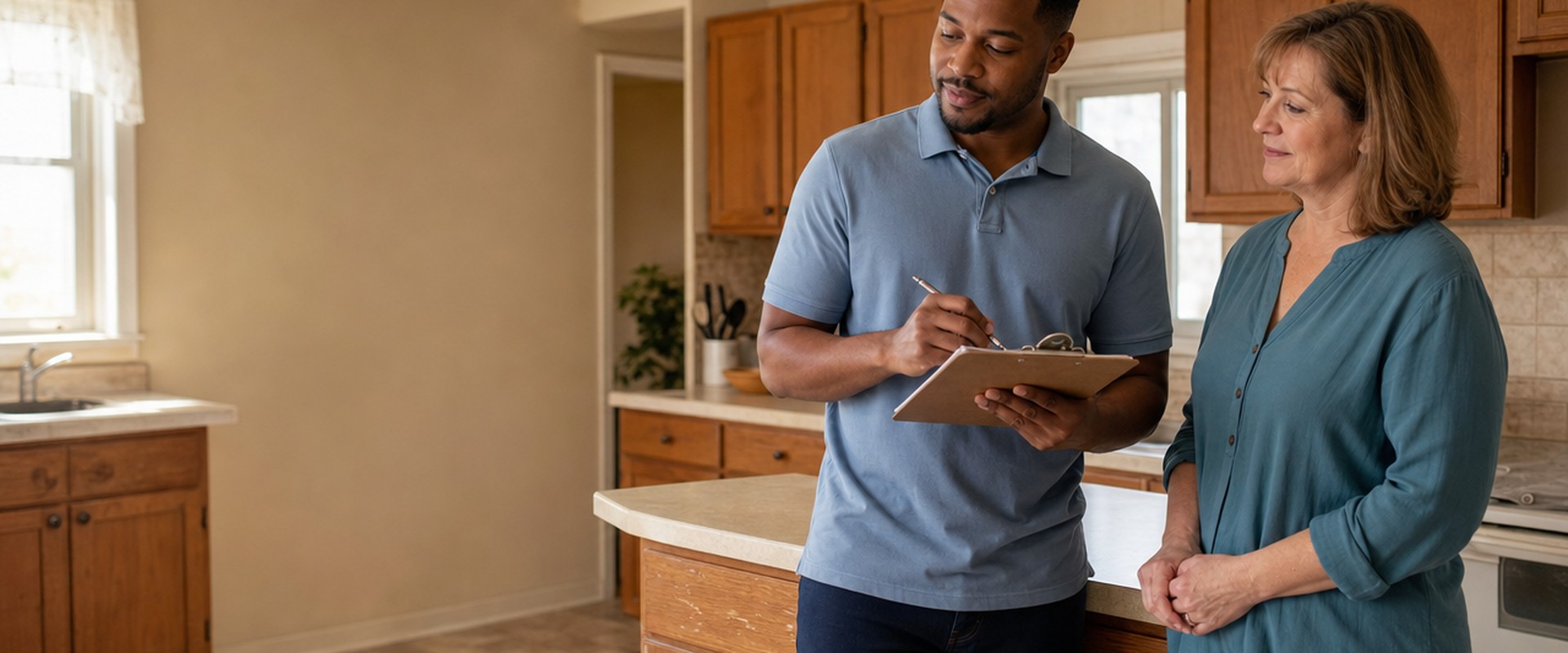 Cash home buyer with a clipboard reviewing a home with the homeowner in her kitchen