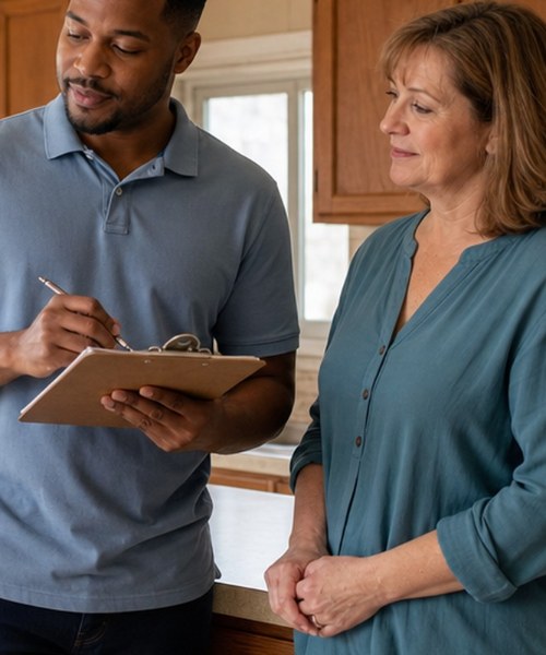 Cash home buyer with a clipboard reviewing a home with the homeowner in her kitchen
