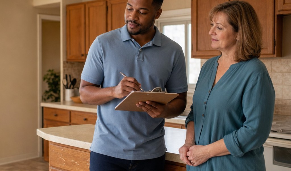 Cash home buyer with a clipboard reviewing a home with the homeowner in her kitchen