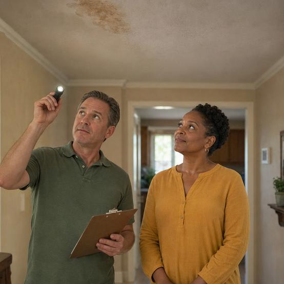 Cash home buyer using a flashlight to check a water-stained ceiling with the homeowner