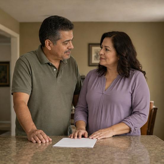 Couple at their kitchen island reviewing a cash offer on their home