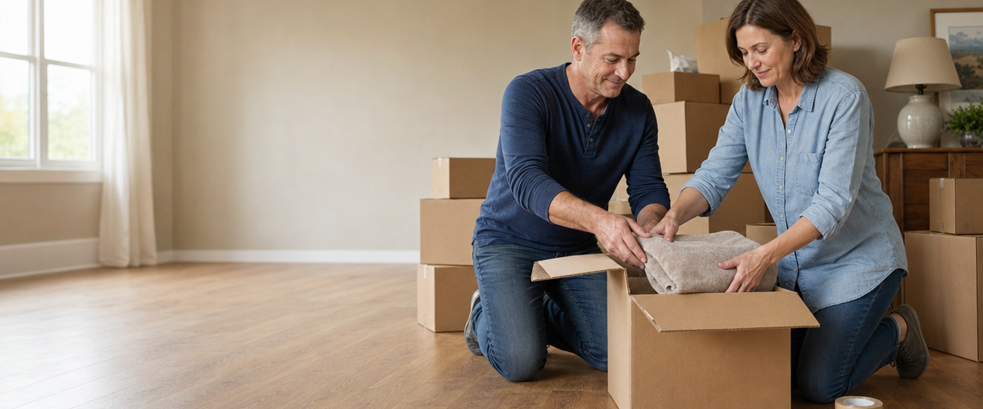Couple packing moving boxes in their living room before selling their house