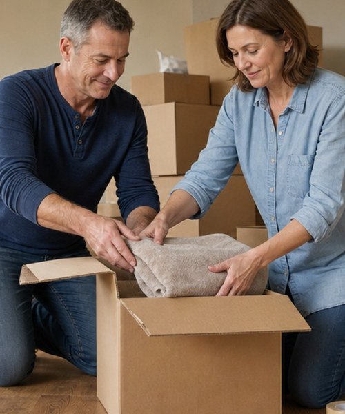 Couple packing moving boxes in their living room before selling their house