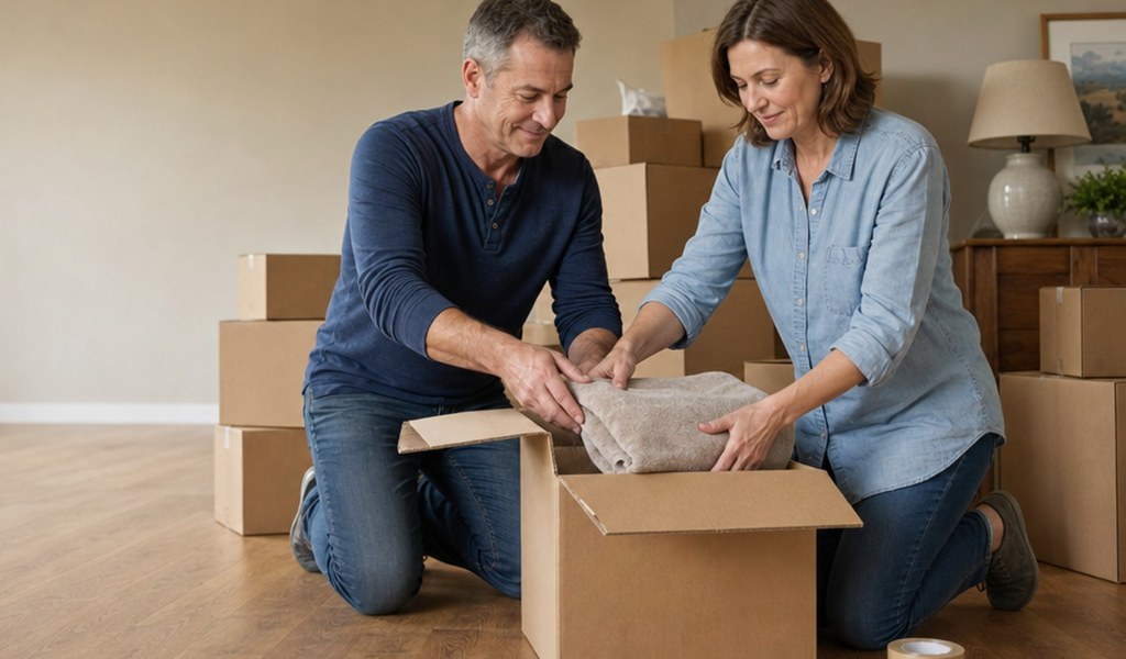Couple packing moving boxes in their living room before selling their house