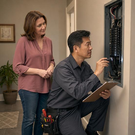 Home inspector checking an electrical panel with the homeowner during a pre-listing inspection