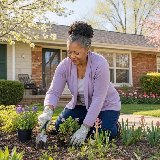 Homeowner planting flowers in the front yard of her house in spring