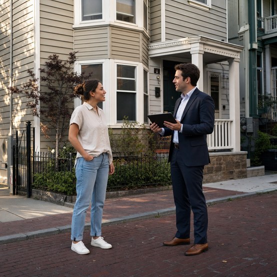 Homeowner talking with a buyer outside a Boston row house