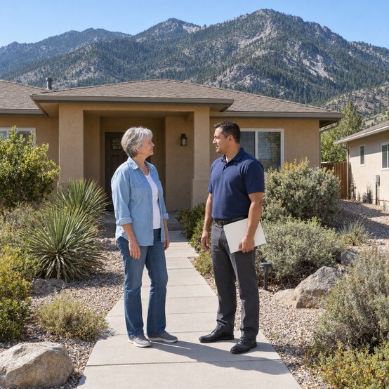 Homeowner talking with a cash home buyer outside her stucco home in Carson City