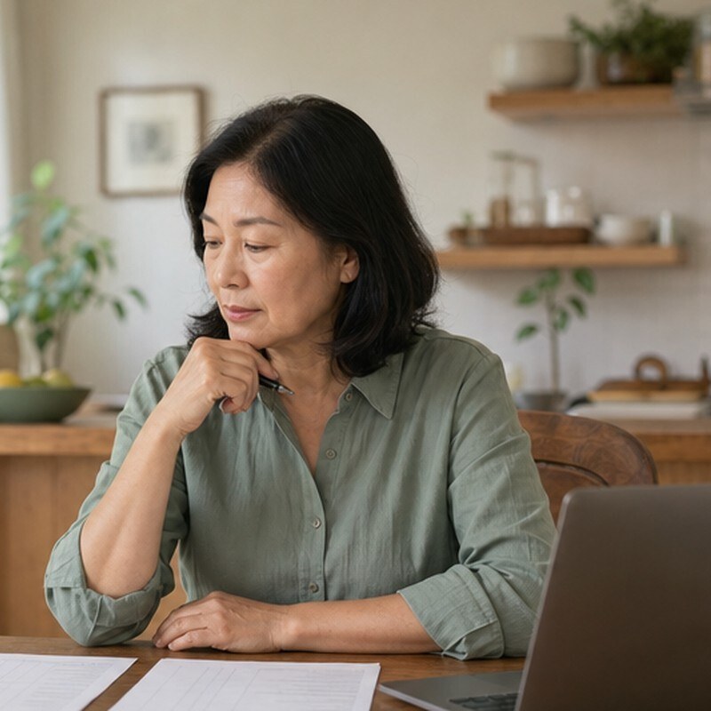 Homeowner comparing a cash offer and a listing agreement at her kitchen table