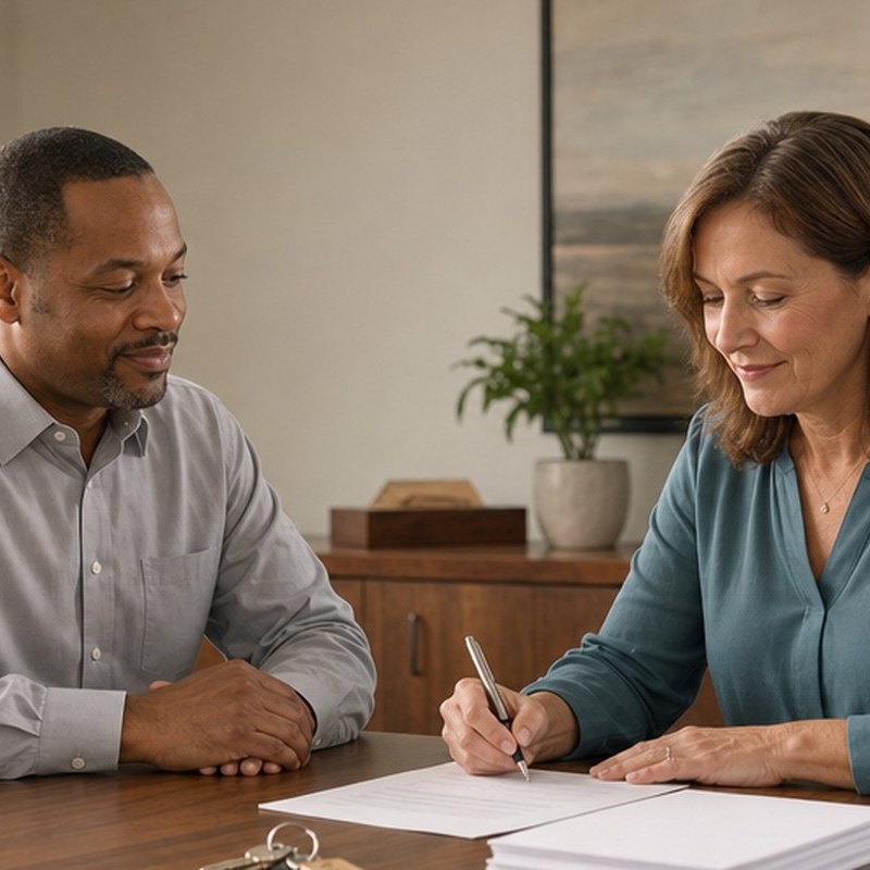 Homeowner signing closing documents with a title professional at a closing table