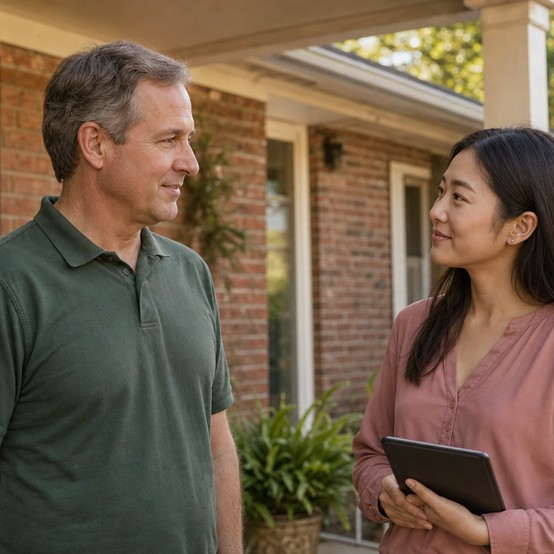 Columbia homeowner talking with a cash home buyer on his front porch