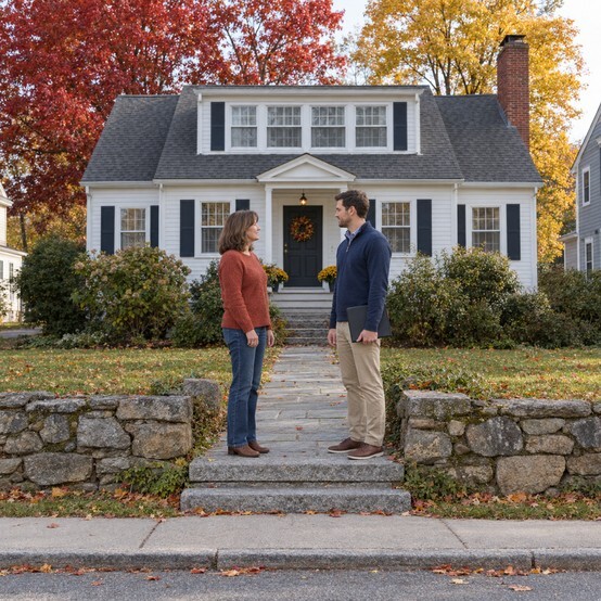 Homeowner talking with a cash home buyer outside her Cape Cod home in Concord