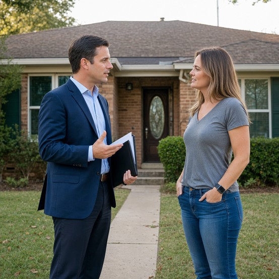 Homeowner talking with a buyer in front of a brick home in Dallas