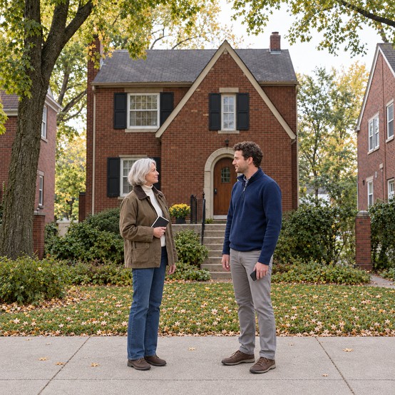 Homeowner talking with a home buyer on the sidewalk in front of a brick Colonial Revival house in Des Moines, Iowa