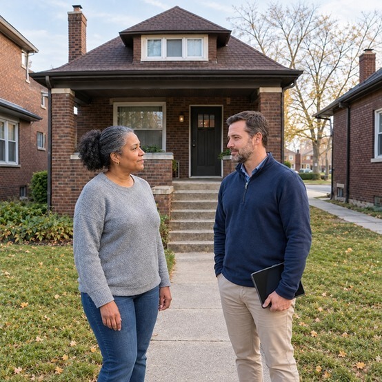 Detroit homeowner talking with a cash home buyer on the front walk of a brick bungalow