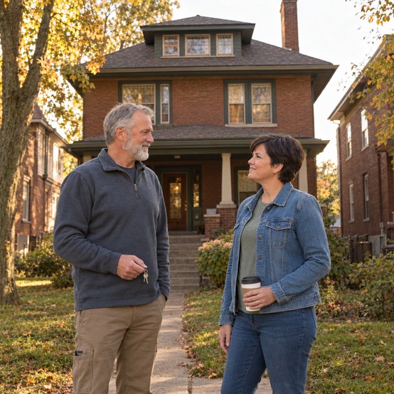 Homeowner holding keys talking with a home buyer holding a coffee cup in front of an older brick foursquare house in Evansville, Indiana