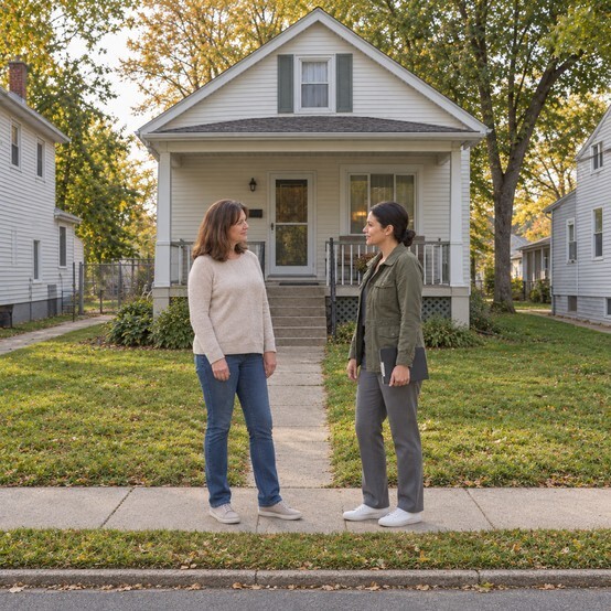 Flint homeowner talking with a cash home buyer in front of her house