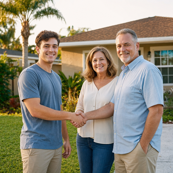 Smiling couple shaking hands with a buyer in front of an Orlando home with palm trees