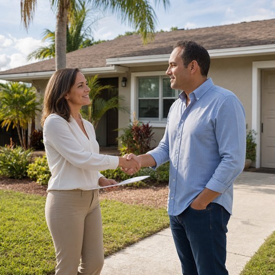 Homeowner shaking hands with a buyer in front of a Florida ranch home with palm trees