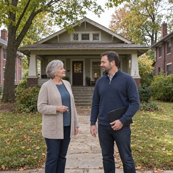 Homeowner holding house keys talking with a home buyer on the front walk of an older Craftsman bungalow in Fort Wayne, Indiana