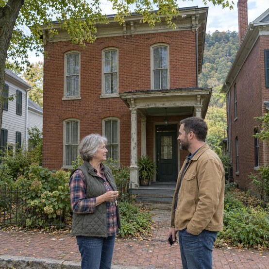Homeowner holding keys talking with a home buyer on a brick sidewalk in front of a historic brick Italianate house in Frankfort, Kentucky