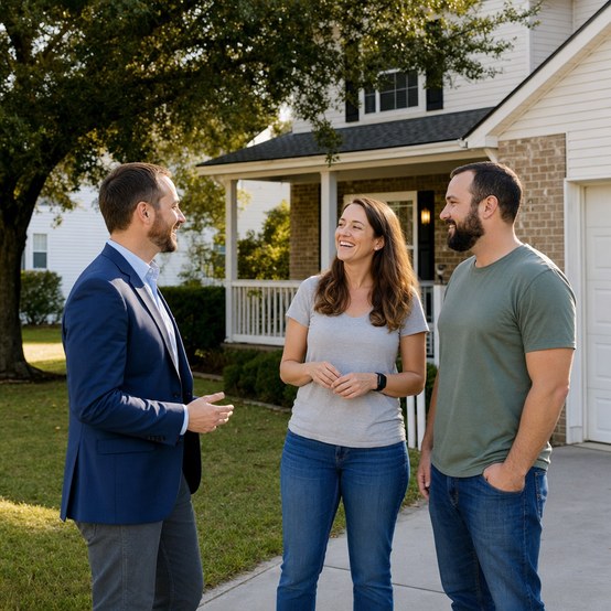 Couple talking with a buyer in the driveway of a Georgia home