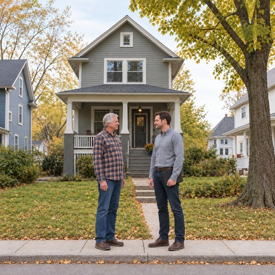 Grand Rapids homeowner talking with a cash home buyer in front of a two-story house with a porch