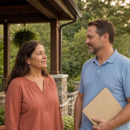 Greenville homeowner talking with a cash home buyer on her front porch