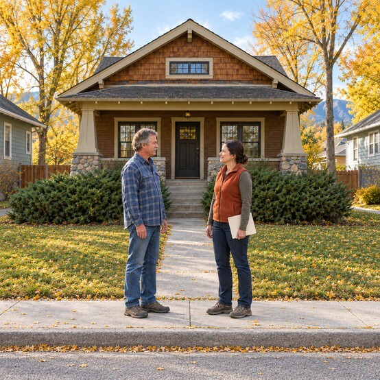 Helena homeowner talking with a cash home buyer in front of a craftsman bungalow