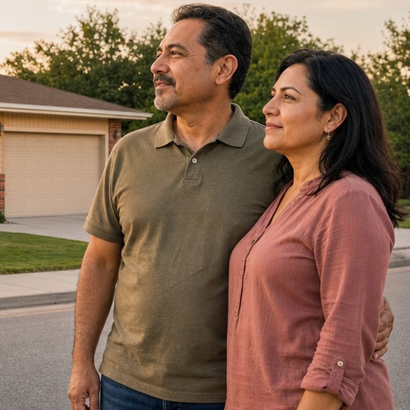 Couple standing across the street looking at their house