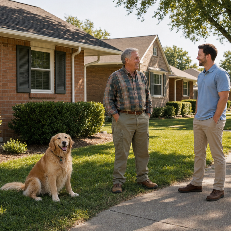 Homeowner and his golden retriever talking with a SellMyHouse.co buyer in front of his brick home