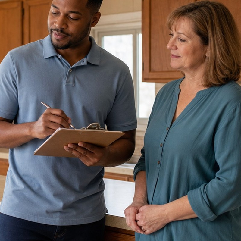 Cash home buyer with a clipboard reviewing a home with the homeowner in her kitchen