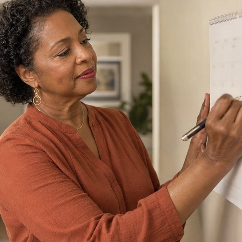 Homeowner marking a date on a wall calendar in her kitchen