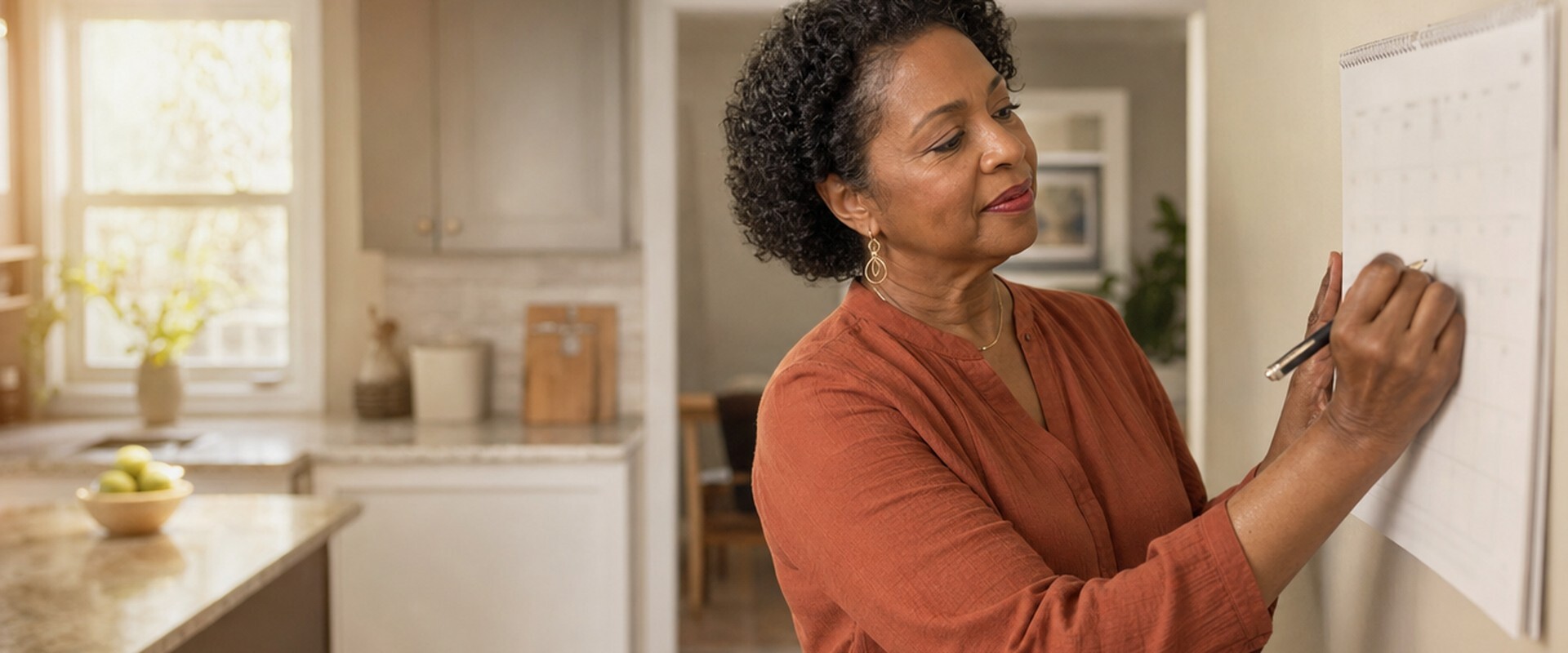 Homeowner marking a date on a wall calendar in her kitchen
