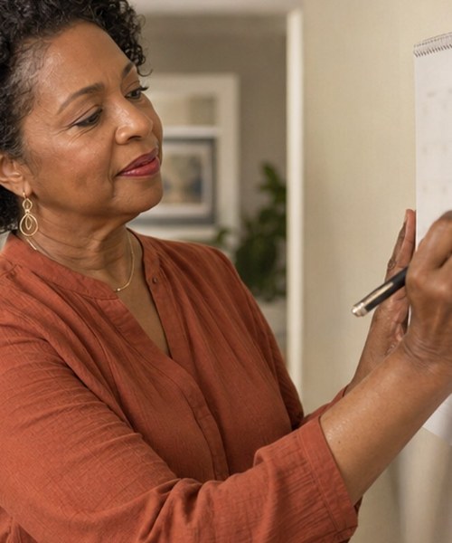 Homeowner marking a date on a wall calendar in her kitchen