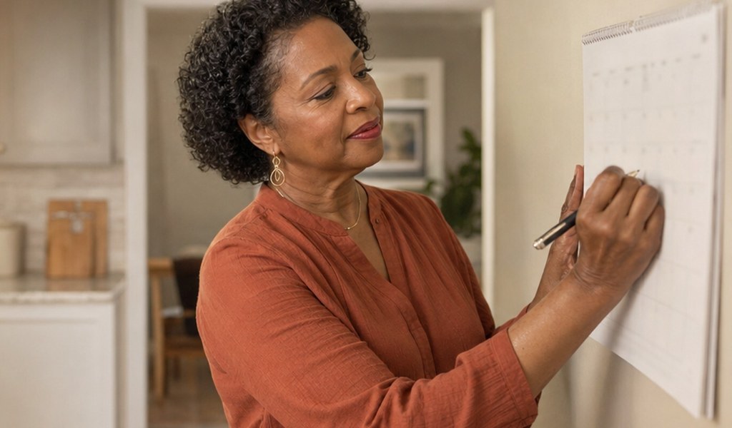 Homeowner marking a date on a wall calendar in her kitchen