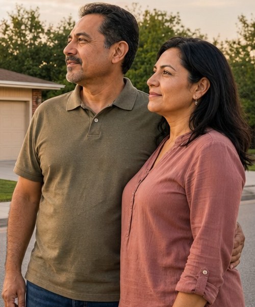 Couple standing across the street looking at their house