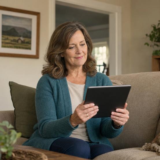 Homeowner checking an online home value estimate on a tablet