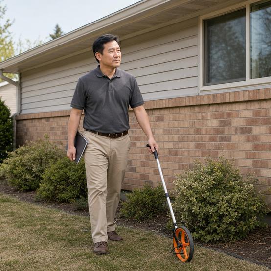 Home appraiser measuring the exterior of a house with a measuring wheel