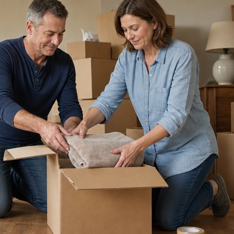 Couple packing moving boxes in their living room before selling their house