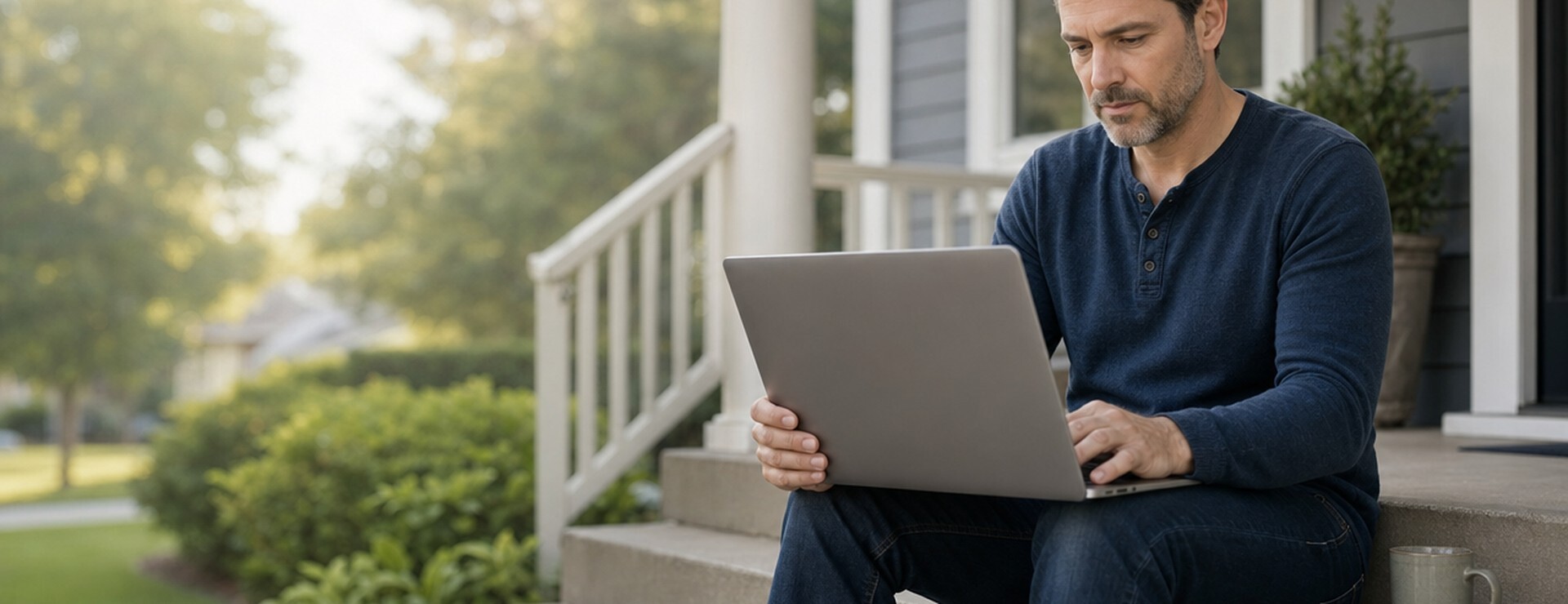 Homeowner on his front steps comparing home-selling options on a laptop