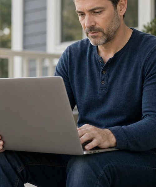 Homeowner on his front steps comparing home-selling options on a laptop