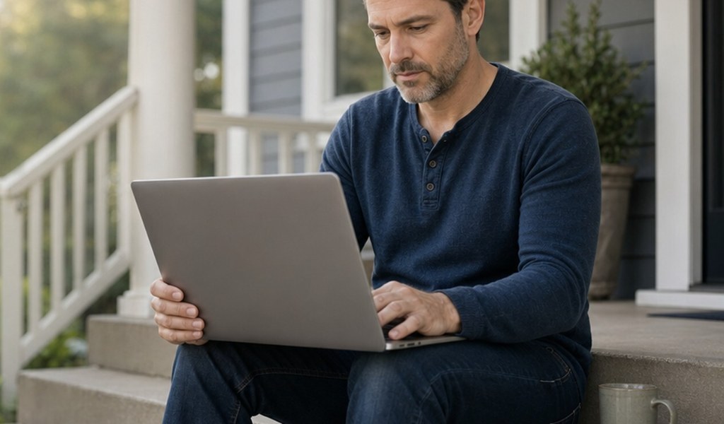 Homeowner on his front steps comparing home-selling options on a laptop