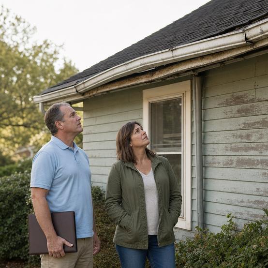 Cash home buyer and homeowner looking at a worn gutter on an older house