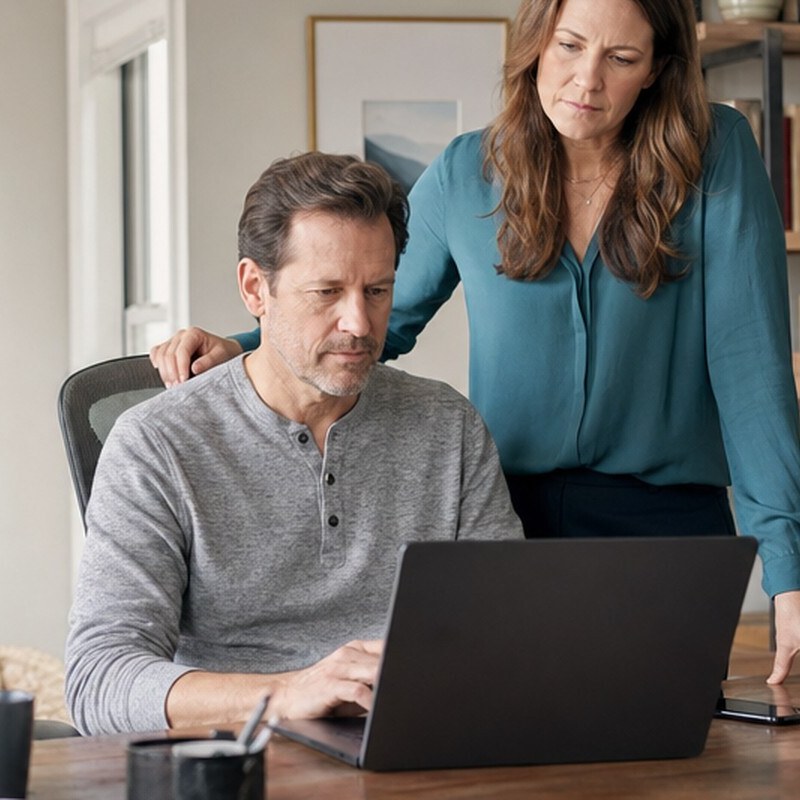Couple at a home office desk reviewing home-selling options on a laptop