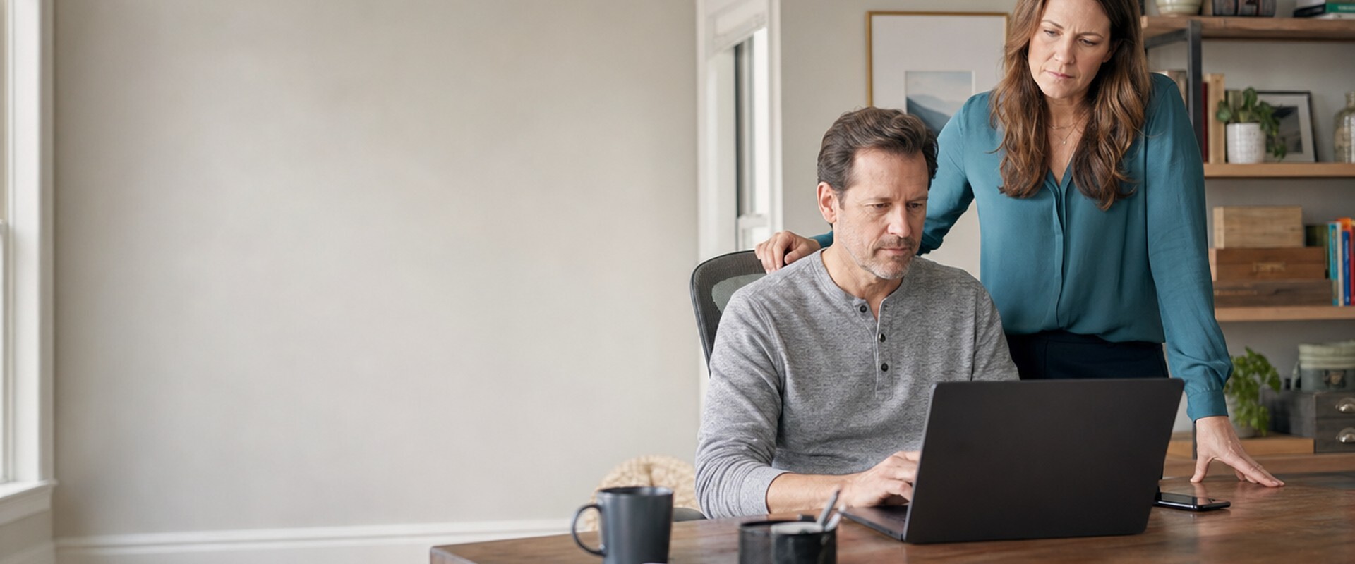 Couple at a home office desk reviewing home-selling options on a laptop