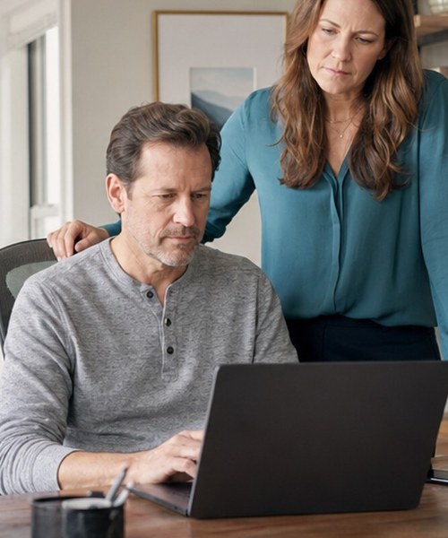Couple at a home office desk reviewing home-selling options on a laptop