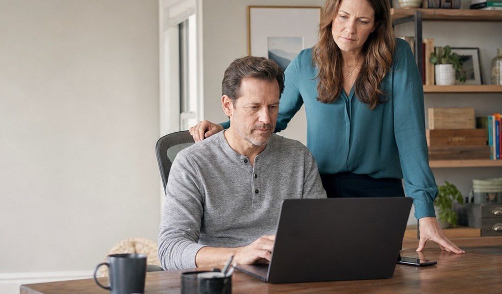 Couple at a home office desk reviewing home-selling options on a laptop