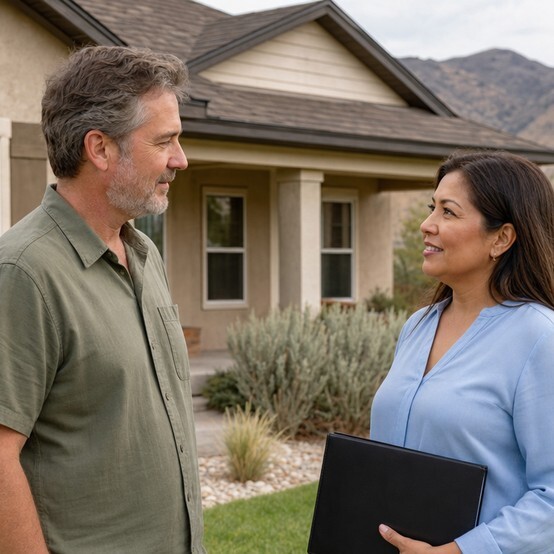 Idaho homeowner talking with a cash home buyer outside his house