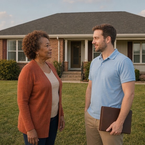 Indiana homeowner talking with a cash home buyer in her front yard